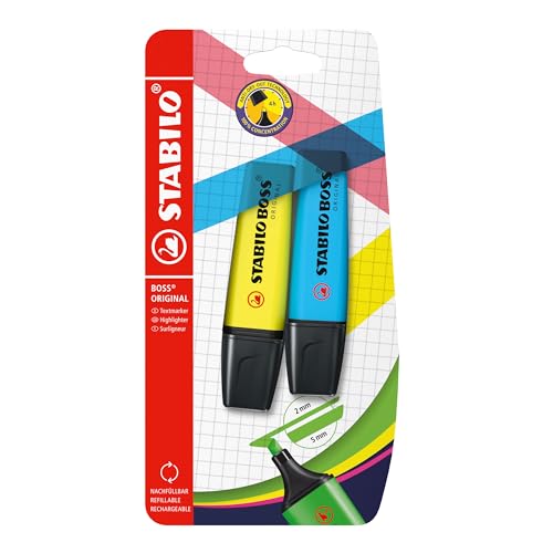 Image of STABILO BOSS ORIGINAL - Highlighter Pen - Pack of 2 - Yellow /Blue