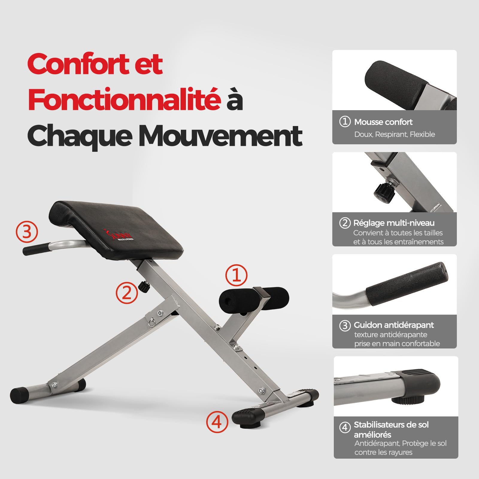 Sunny Health & Fitness Chaise romaine d'hyperextension, banc de gymnastique pour abdominaux, pour la maison - SF-BH6629