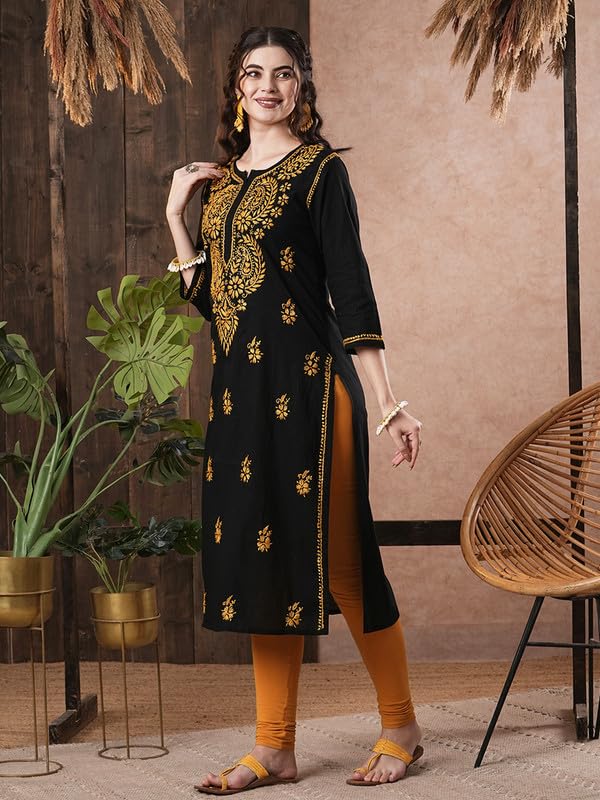 Image of Ada Hand Embroidered Lucknowi Chikankari Cotton Kurta Kurti for Women A411191