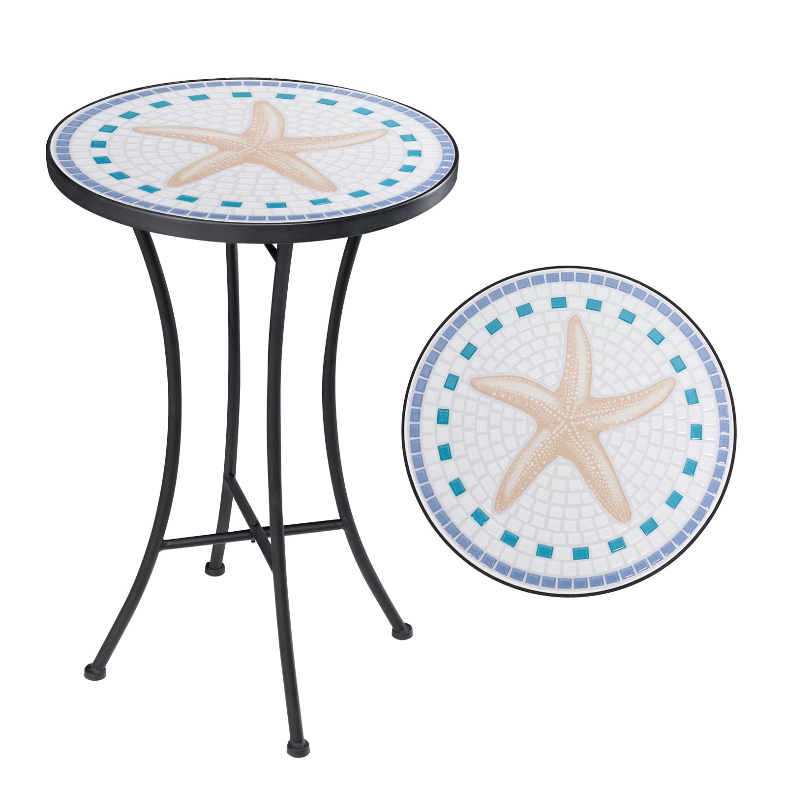 Vipush Mosaic Outdoor Side Table, 14" Round Folding Plant Stand for Patio Garden Backyard Balcony Porch Indoor Accent End Table for Living Room,