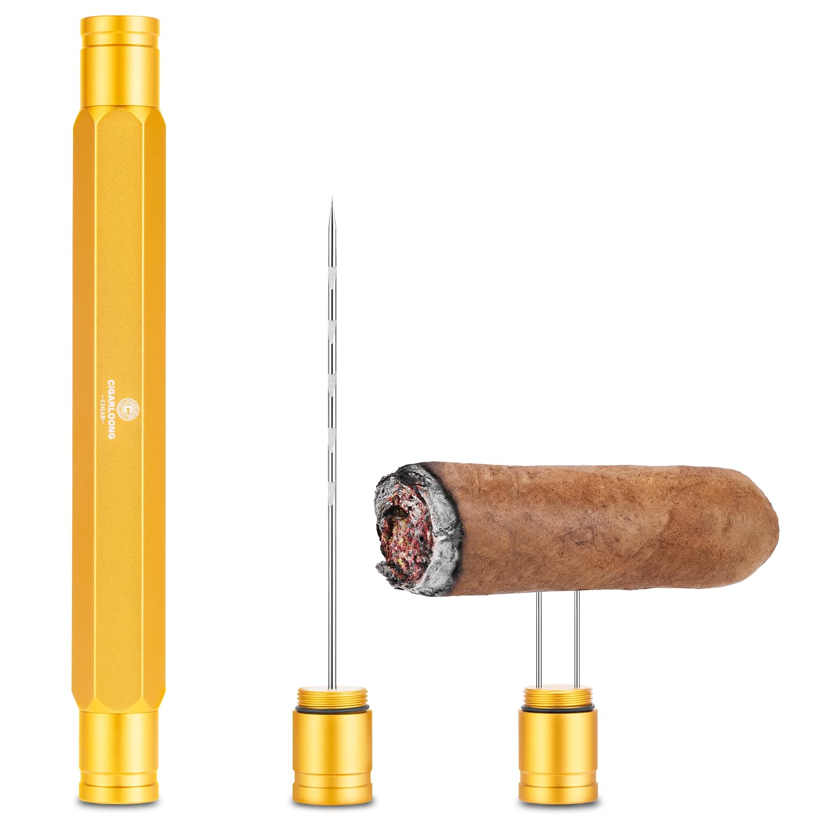 CIGARLOONG 2-in-1 Cigar Punch, High-Quality Stainless Steel Cigar Draw Needle and Twin Nubber,Portable Cigar Tool (Gold)