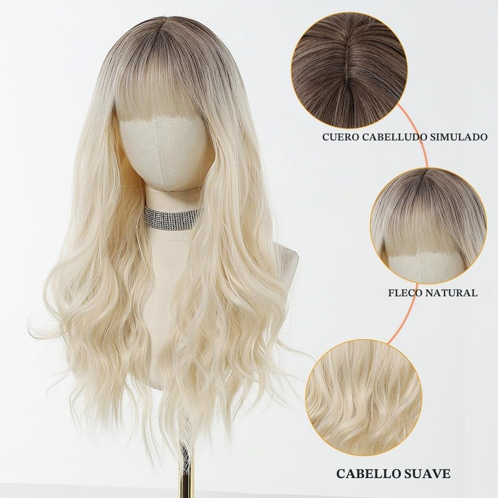 Esmee Peluca Larga Ondulada Rubia Ombré con Flequillo para Dama - 26IN