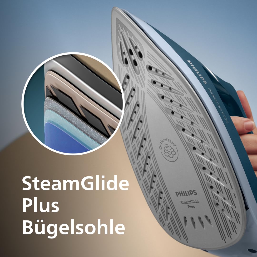 Philips Dampfbügelstation 6000 Serie, Blau, 2400W | 500 g Dampfstoß, 6,5 Bar Pumpendruck, 1,8 L Wassertank, OptimalTEMP, SteamGlide Plus Sohle(PSG6023/20)