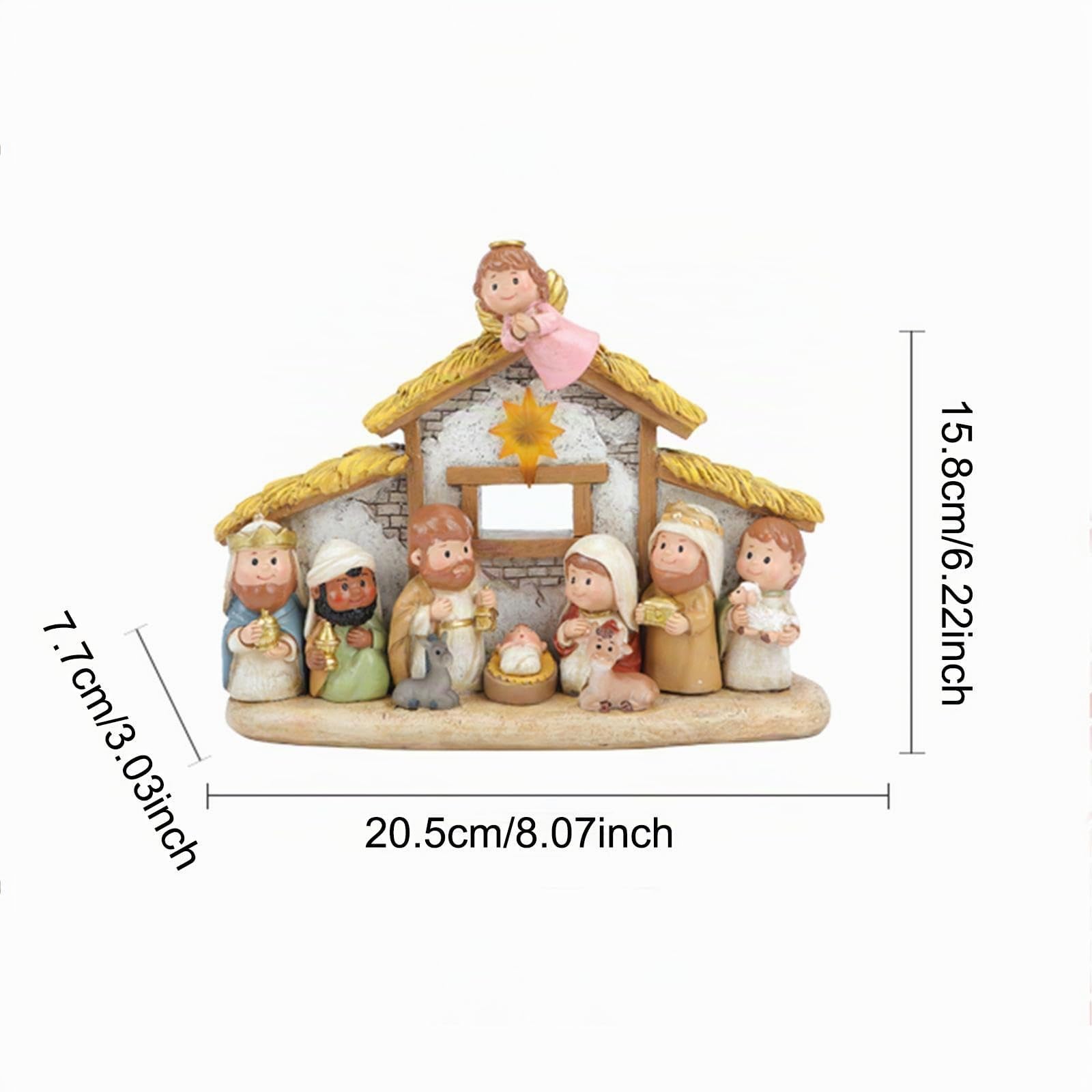 Sharplace Ensemble de crèche de Noël miniature en résine avec décoration lumineuse, sculpture de Noël, joli artisanat décoratif de table, 20,3 x 7,6 x 15,2 cm