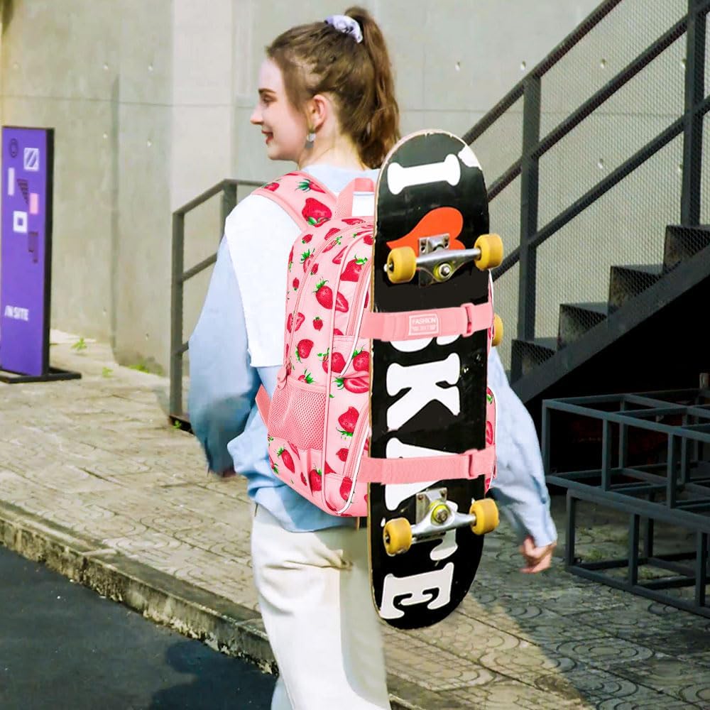 3PCS Backpack for Girls, 17" Water Resistant School Bag with Lunch Box, Cute Strawberry Bookbag Set for Women College Teenagers High Middle Elementary - Image 7