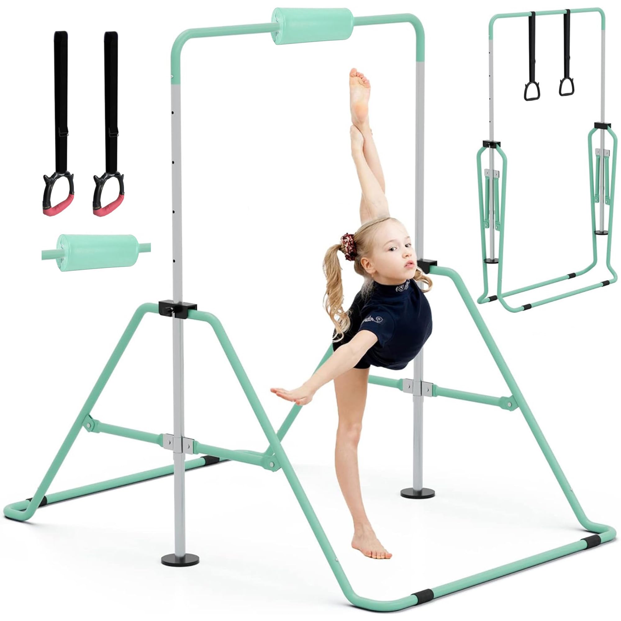 Gymnastics Bars with Bar Pad, Junior Training Kip Bar Gymnastics Equipment for Home Garden, Adjustable Height Gymnastic Folding Horizontal Bar with Gymnastic Rings for Kid Boys Girls