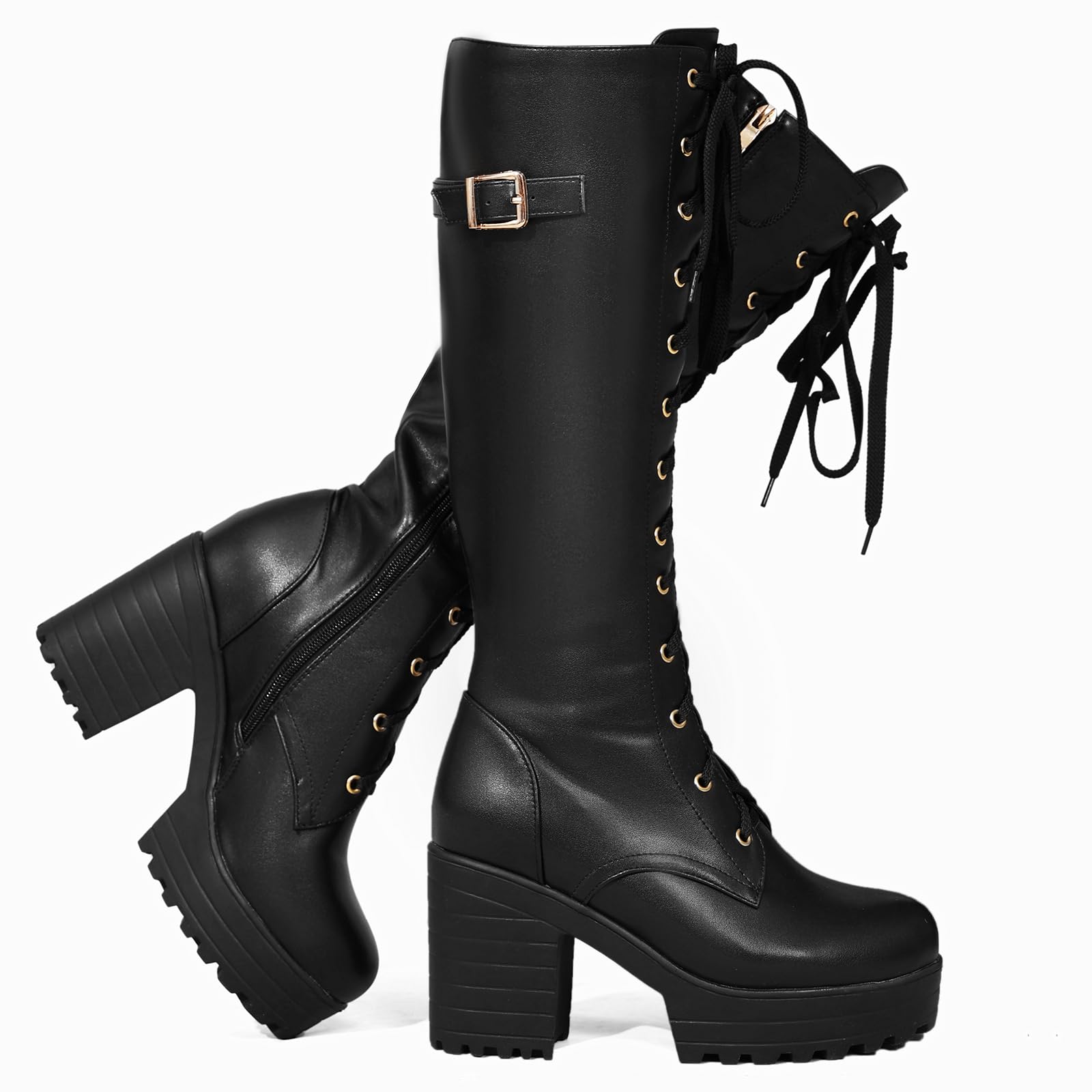 SeiteHuud Ladies' Boots Women Fashion Platform Block Heels Knee High Boots Lace up