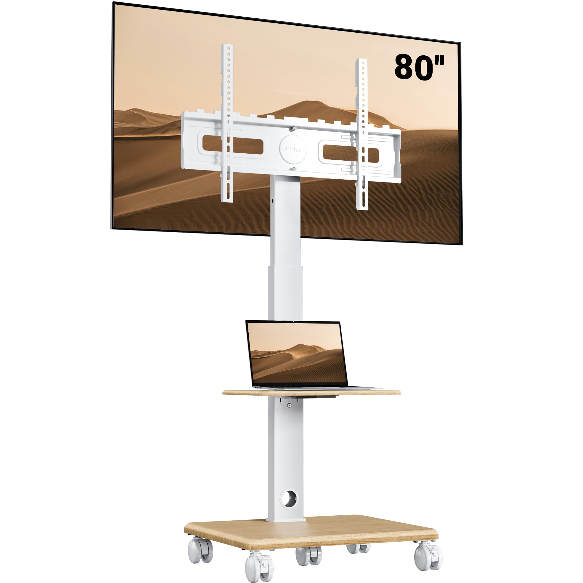 BONTEC Supporto TV da Pavimento con Base in Legno per TV 32-80 Pollici | con 5 ruote, portata 60 kg, VESA 600x400 mm, altezza 1210-1500 mm, girevole e inclinabile, Bianco