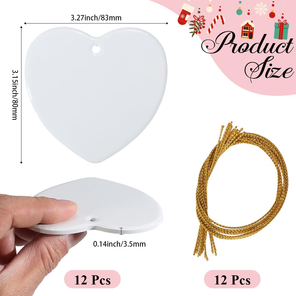 Lot de 12 décorations de sublimation en forme de cœur en céramique avec cordons en porcelaine blanche à suspendre pour sapin de Noël, mariage, loisirs créatifs