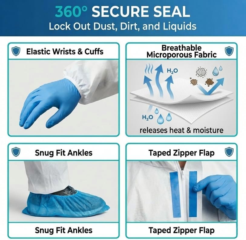 Disposable Hazmat Suit - 30 Pack + 30 Masks & 60 Booties – Breathable Mechanic Jumpsuit - 65GSM Waterproof Coveralls