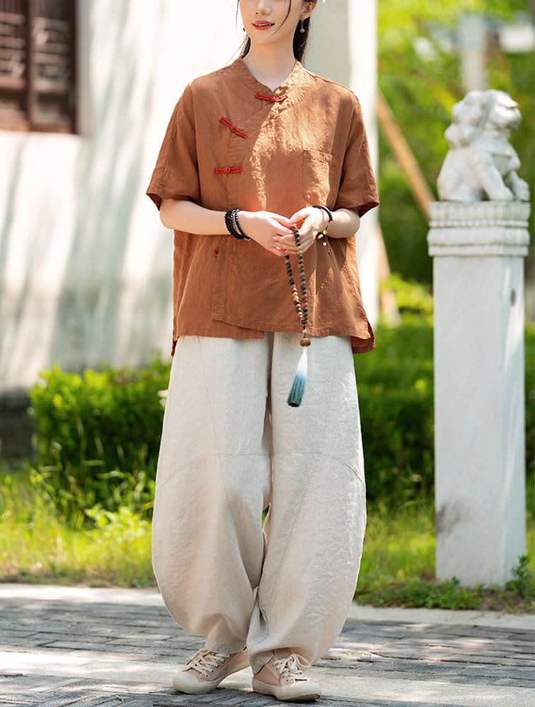Camicia cinese da donna con colletto alto, bottoni a rana, maniche corte, camicetta zen con tasca