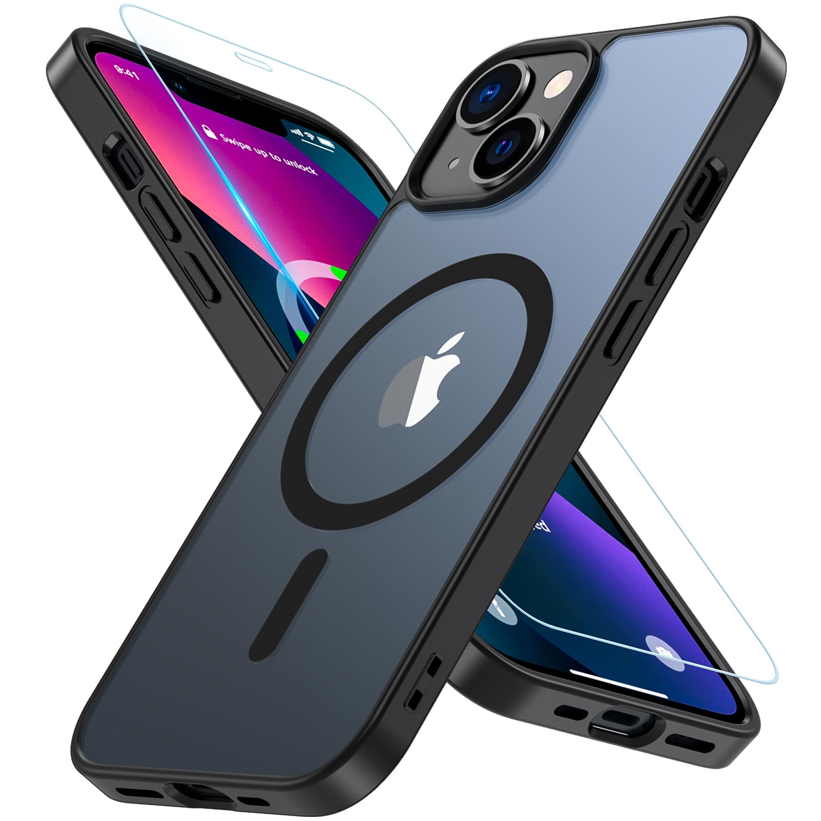 Hensinple Magnetica Cover per iPhone 13 / Cover iPhone 14 con Vetro Temperato [Compatibile con MagSafe],Custodia Traslucida Opaca Protezione Antiurto Resistente ai graffi Sottile Case - Nero