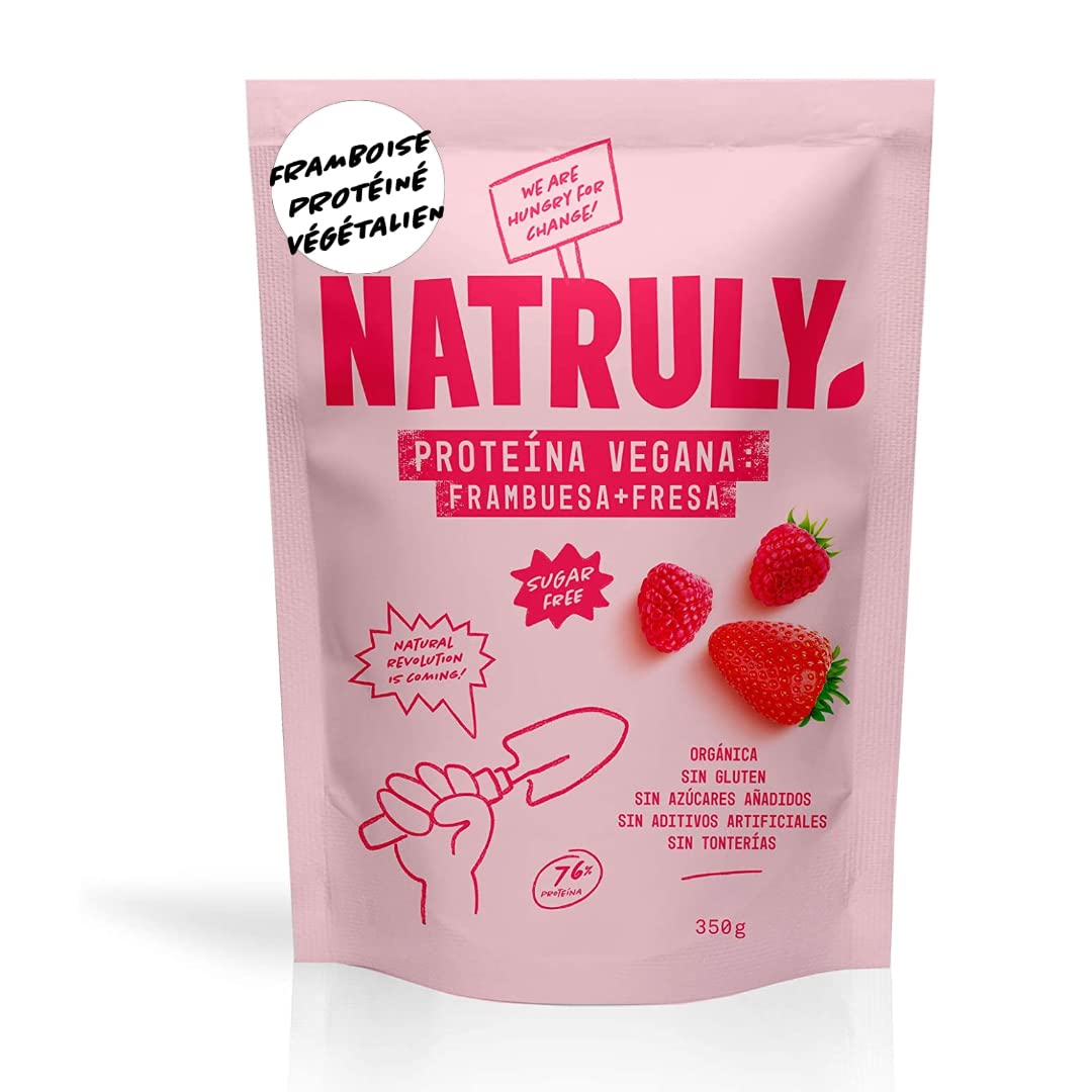 NATRULY Protéine Vegan BIO Fraise et Framboise, 90% Protéine, 100% Naturel Sans Sucre, Sans Gluten, Sans Lactose -​350g