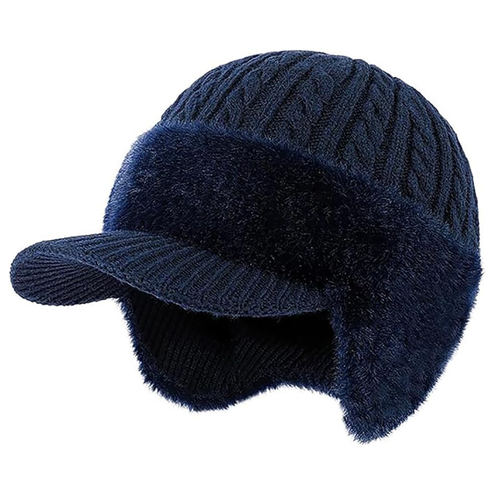 Ysinobear Unisex Blue Trapper Blocking Knitted Hats,Winter Trapper Hats,Locking Knitted Beanie With Ear Flaps And Wool Brim, With Fur Lining,Fleece Thermal Hat For Cold Weather, Warm Hats For Skiing Cycling (Blue)