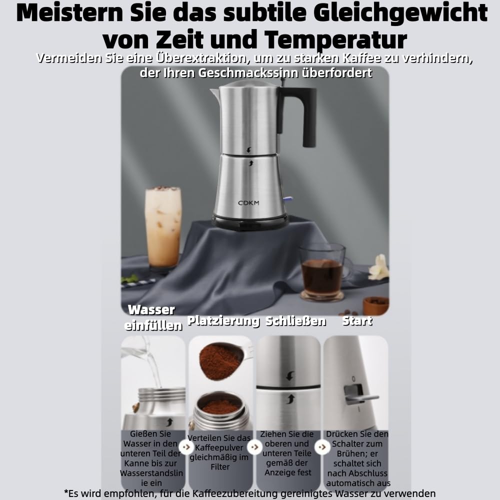 Espressokocher Elektrisch, Edelstahl Moka pot, One-Touch, 3-6 Tassen | Automatische Mokka-Kaffeemaschine, italienische Espressomaschine, Automatische Abschaltung, 340 ml Espressomaschine