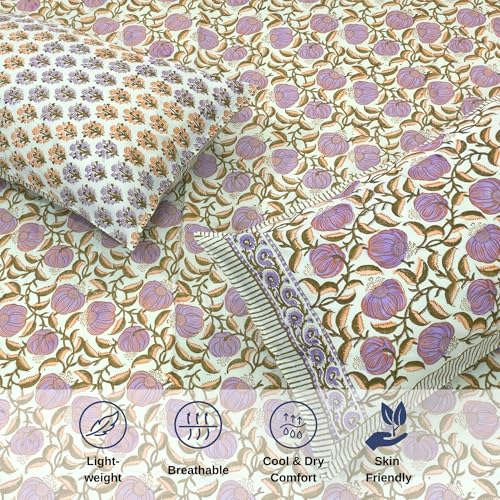 Image of TOAI Hand Block Printed Bedsheet | Bed Spread Flatsheet Bed Sheet | Pure Cotton | Queen Size 90 inchx108 inch | 300 TC Long Staple Cotton | 2 Reversible Pillow Covers |Royal Moments