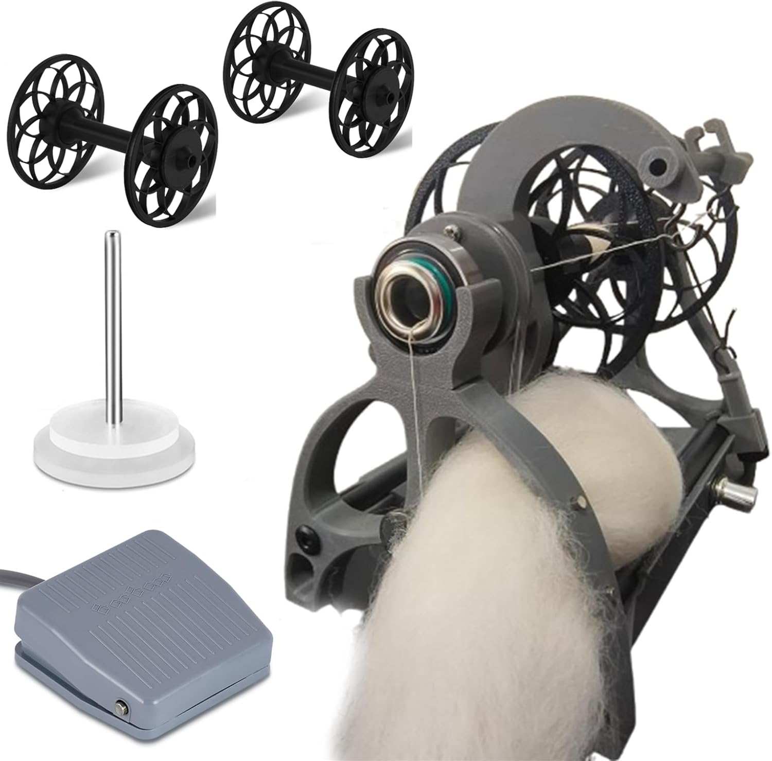 Consfly Electric Wool Spinning Wheel Fiber Spinning Wheel with Foot Switch & 3 Spools, 800RPM Wool Spinner for Fiber Yarn DC12V (Grey)