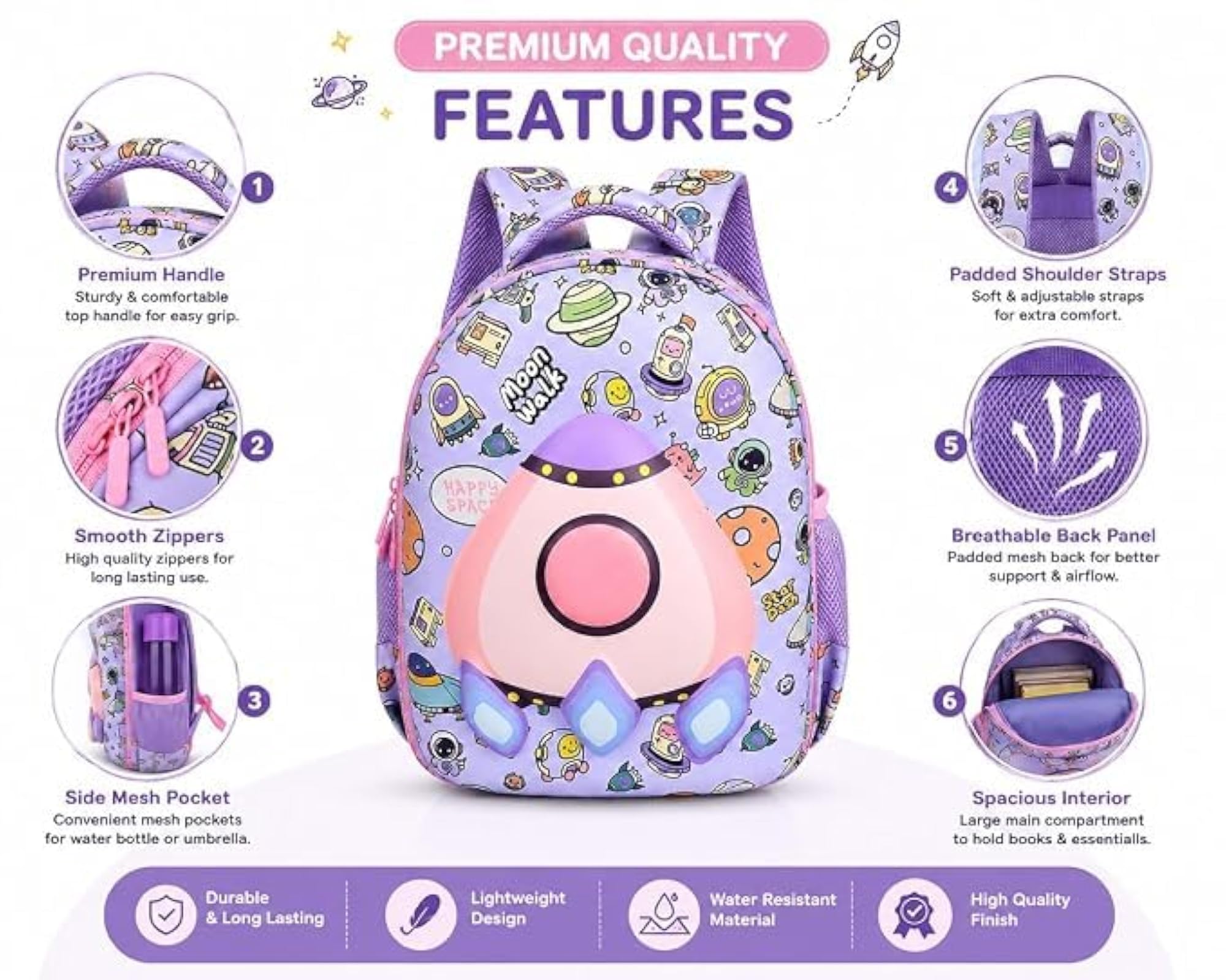 Cute Space Rocket Kids Backpack, Purple