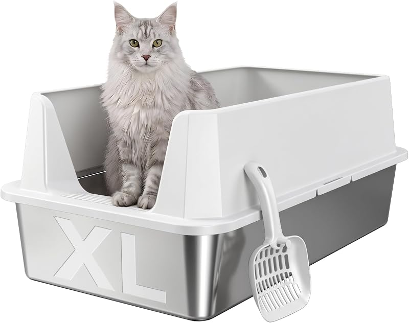 Caixa de Areia Extra Grande para Gatos em Aço Inoxidável com Enclosure Plástico e Pá Tevila — 1 Unidade