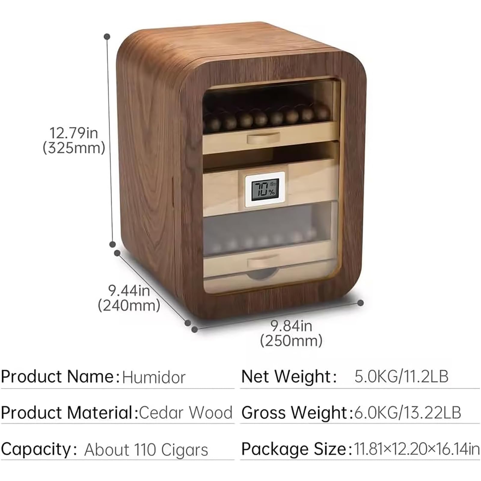 Zigarren Humidor Schrank, Elektronischer Humidor mit Hygrometer, 110 Zigarren Kapazität, 360° Luftzirkulation, ideal für Zuhause, Bar, Party