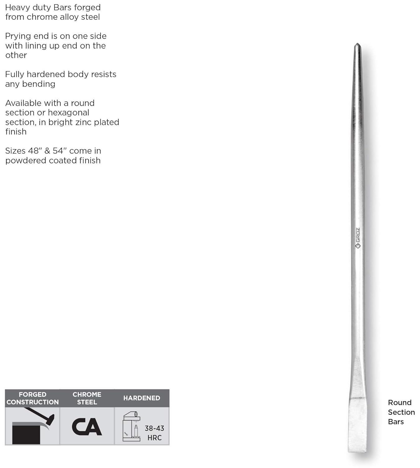 GROZ 36-Inch Aligning Pry Bar | 7/8-Inch Diameter | Round Section | Heavy Duty Chrome Alloy Steel | Zinc Plated | Great for Providing Extra Leverage (33173)