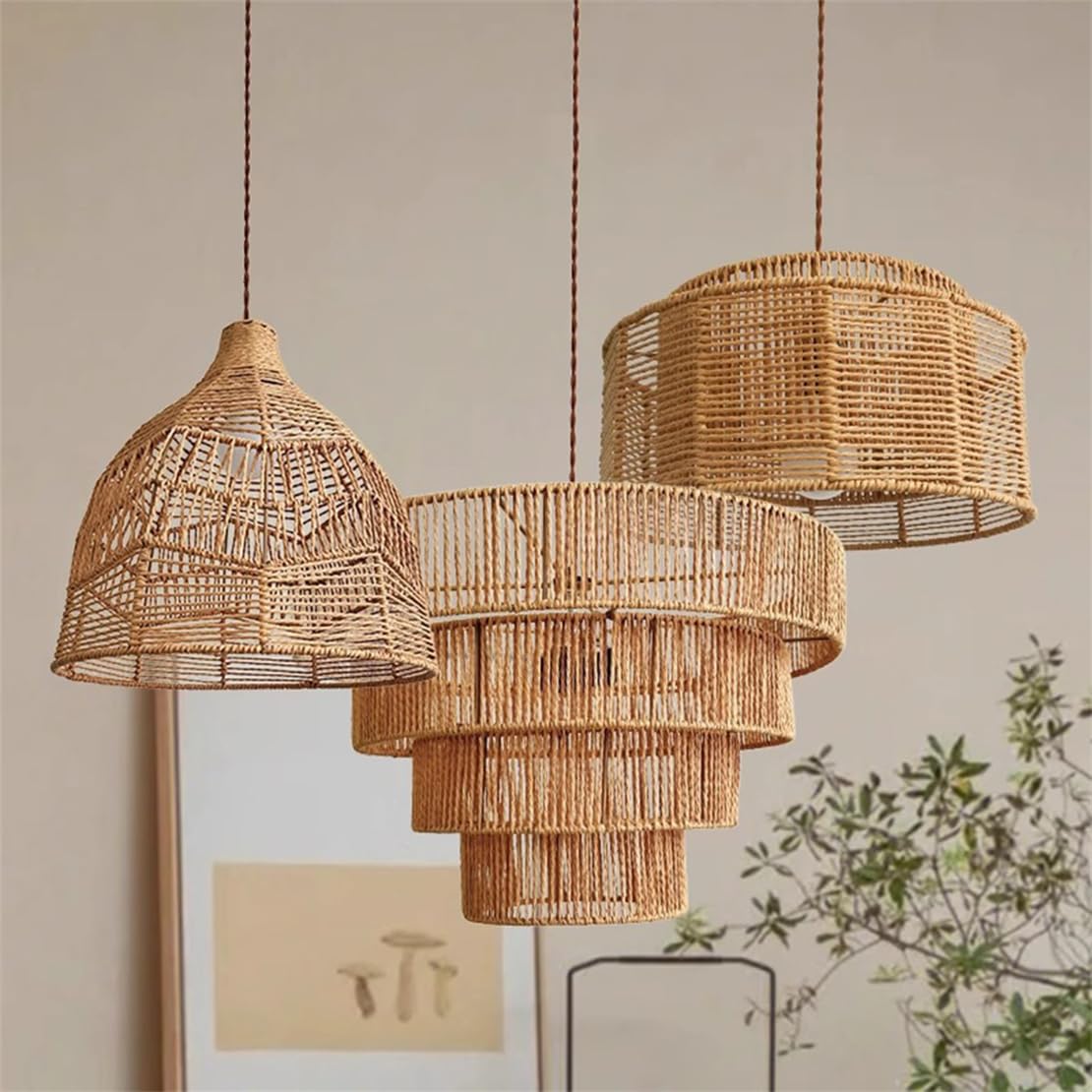 Lampada A Sospensione Intrecciata Con Spago Di Carta Per Camera Da Letto, Stile Country Naturale - Lampada A Sospensione Semplice A 1 Luce Per Isola Cucina Costiera, Sala Pranzo