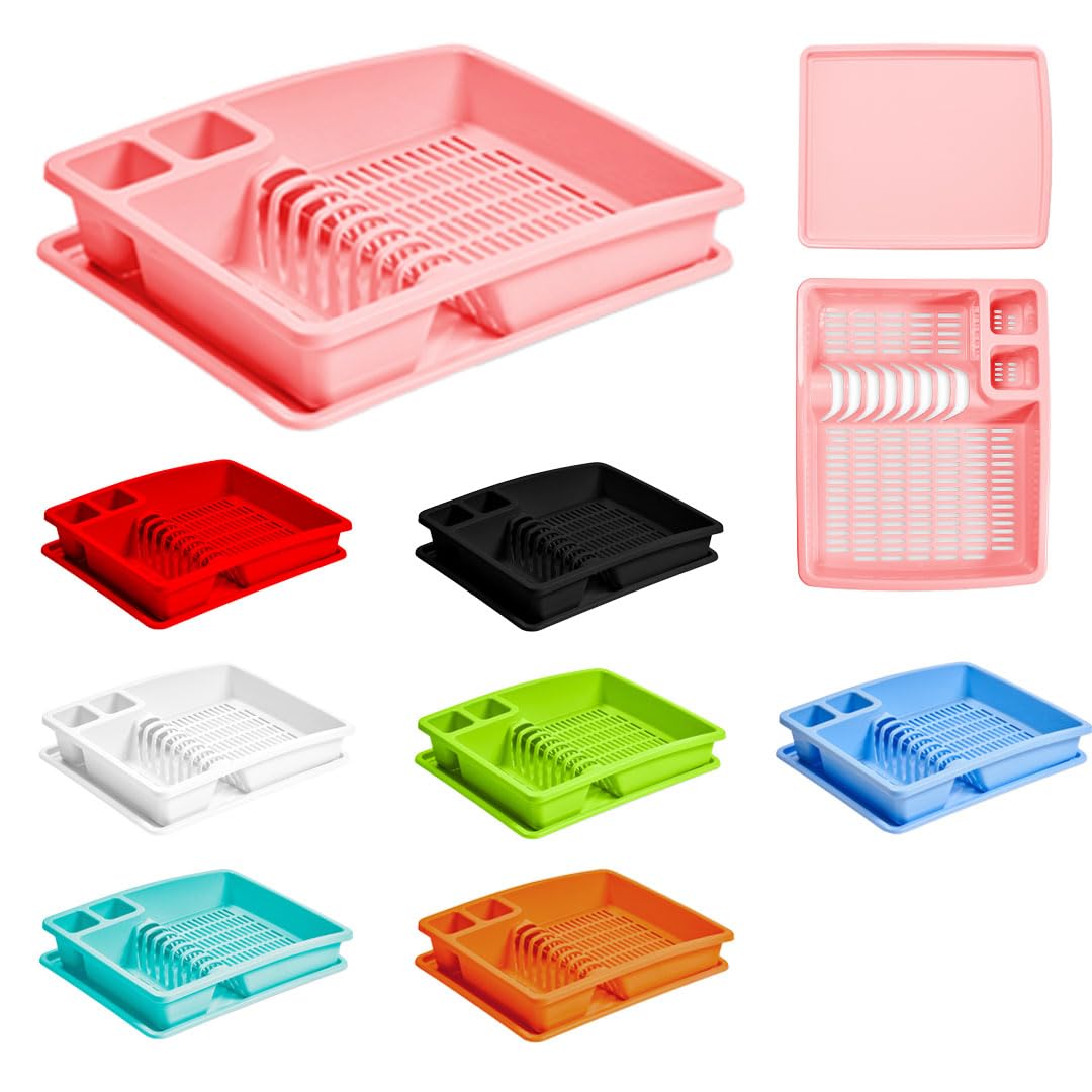 Eco Pink Large Plastic Dish Drainer Rack With Drip Tray | Heavy Duty Sturdy Dish Rack For Kitchen Countertop | Dish Drainer For Efficient Kitchen Organization & Cutlery Placement (Pink)