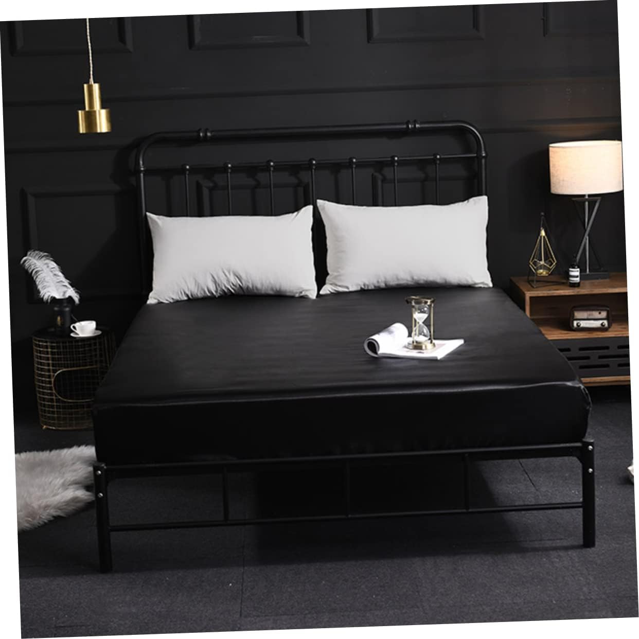 Queen Imitation Silk Bed Cover Mattress Protector Black Silk Full Satin Bed Set