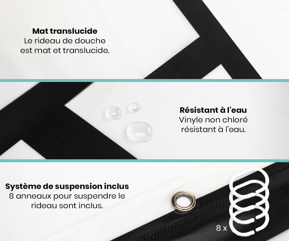 Loti Living Rideau de Douche Anti-moisissure 180 x 200 cm – Noir – Polyester – avec Anneaux – Rideaux de Douche - Shower Curtain - Tissu Lavable en Machine