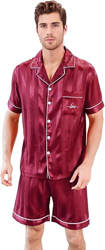 ShuiGod Men Silk Satin Pajamas Set Short Sleeve Button Down PJ Set Sleepwear Lou