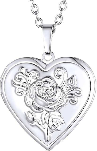 Supcare Heart Locket Necklace for Women Girls, Vintage Floral/Rose Flower/Angel Wing/Sunflower Photo Necklaces Memorial Jewellry Engraved, with Gift Box