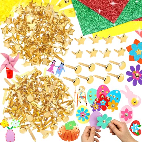 Srup 200 Stück 8mm Rundkopfklammern, Mini Brads Papierverschlüsse, Muster-Clips Für Kartenherstellung, Metall Scrapbooking Musterklammern, Gold Musterbeutelklammern (Runder Kopf, fünfzackiger Stern)