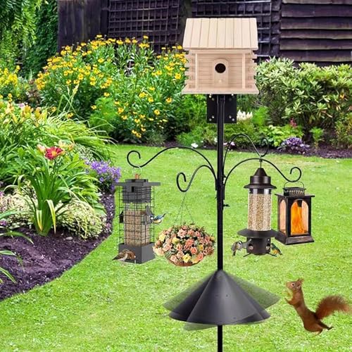 92 Inch Black Adjustable Heavy Duty Bird Feeder Pole for Outdoors Bird House Pole for Garden with Squirrel Proof Baffle 4 Shepherd Hooks Birds Feeding Station with 5-Prong Base for Yard, Garden