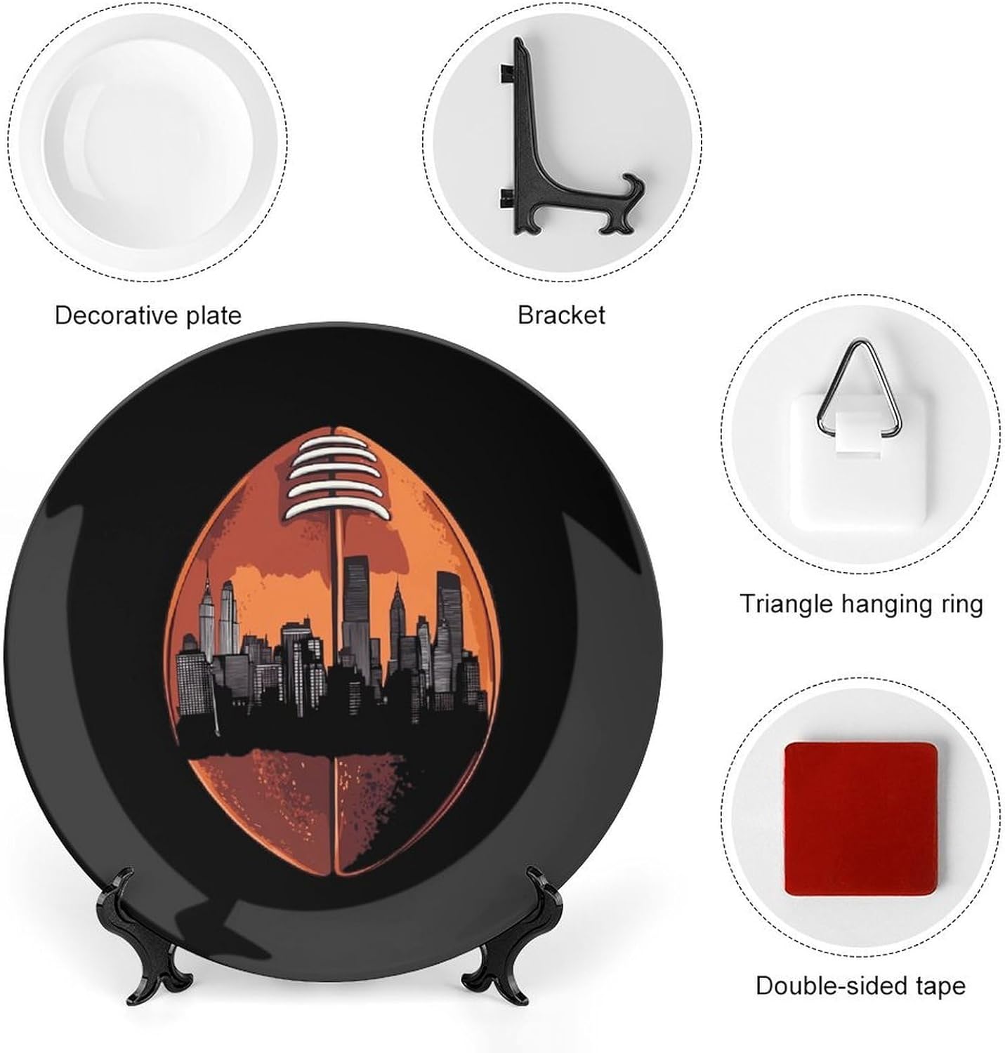 Football City Skyline Bone China Decorative Plate with Stand Home Dessert Plates Gift for Men Women 6inch