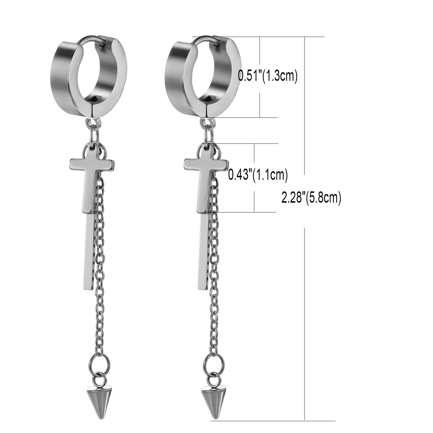 JewelryWe Pendientes de aro para hombre y mujer, con colgante de cruz de acero inoxidable, color plateado, dorado y negro plateado