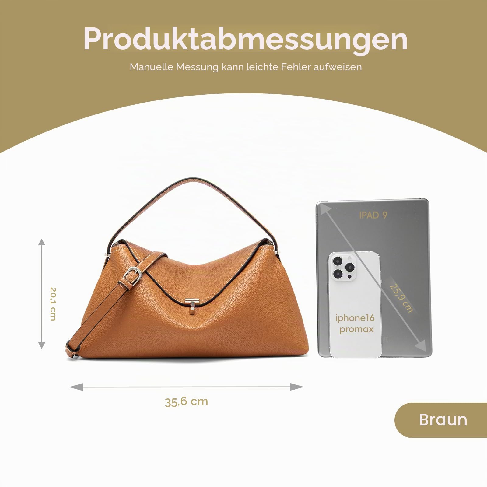 Umhängetasche aus Leder für Damen, mehrere Fächer für Alltag und Reisen