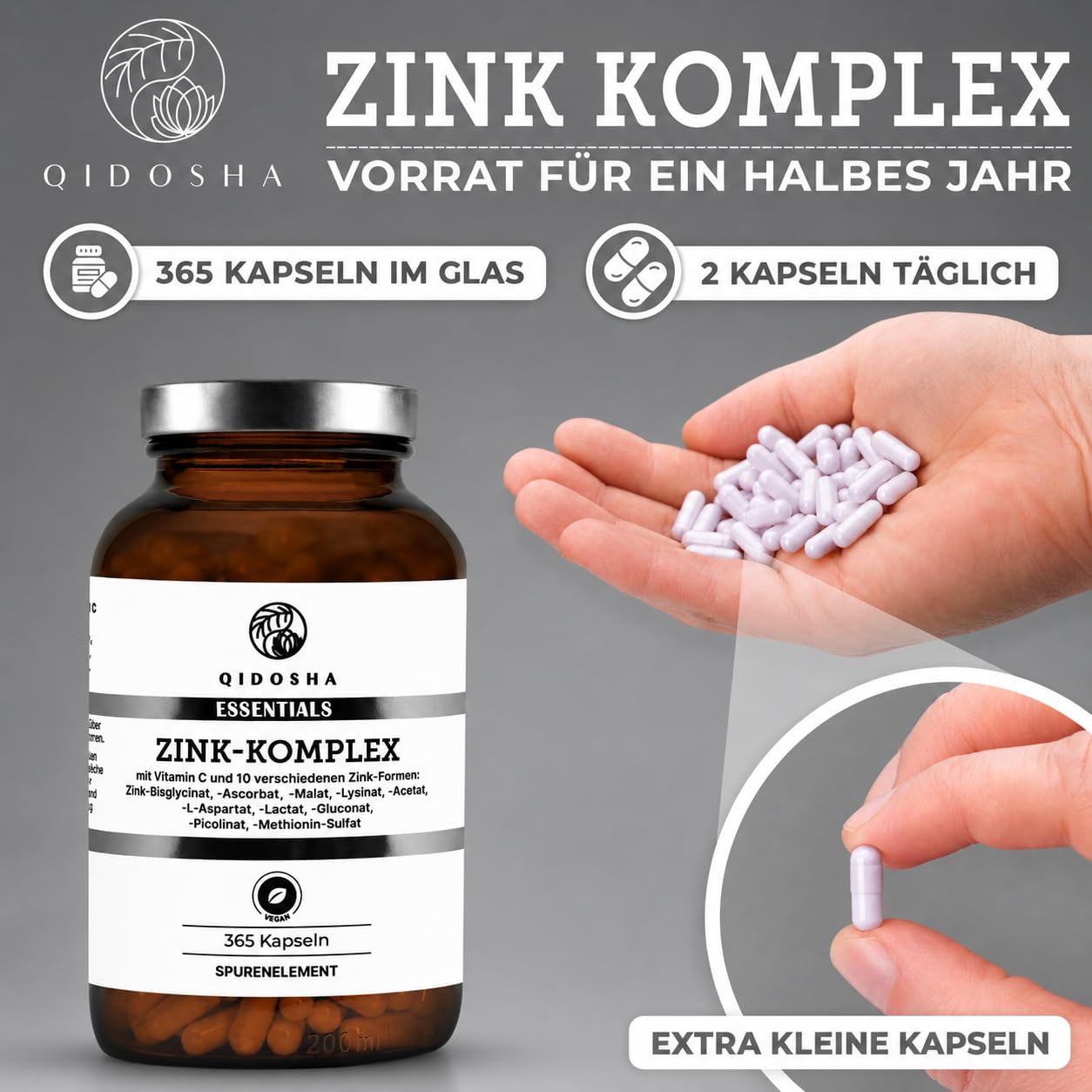 QIDOSHA® Zink Komplex, 365 Kapseln, 25 mg Zink aus 10 verschiedenen Zn-Formen plus Vitamin C, vegan, deutsche Fertigung, jede Charge laborgeprueft
