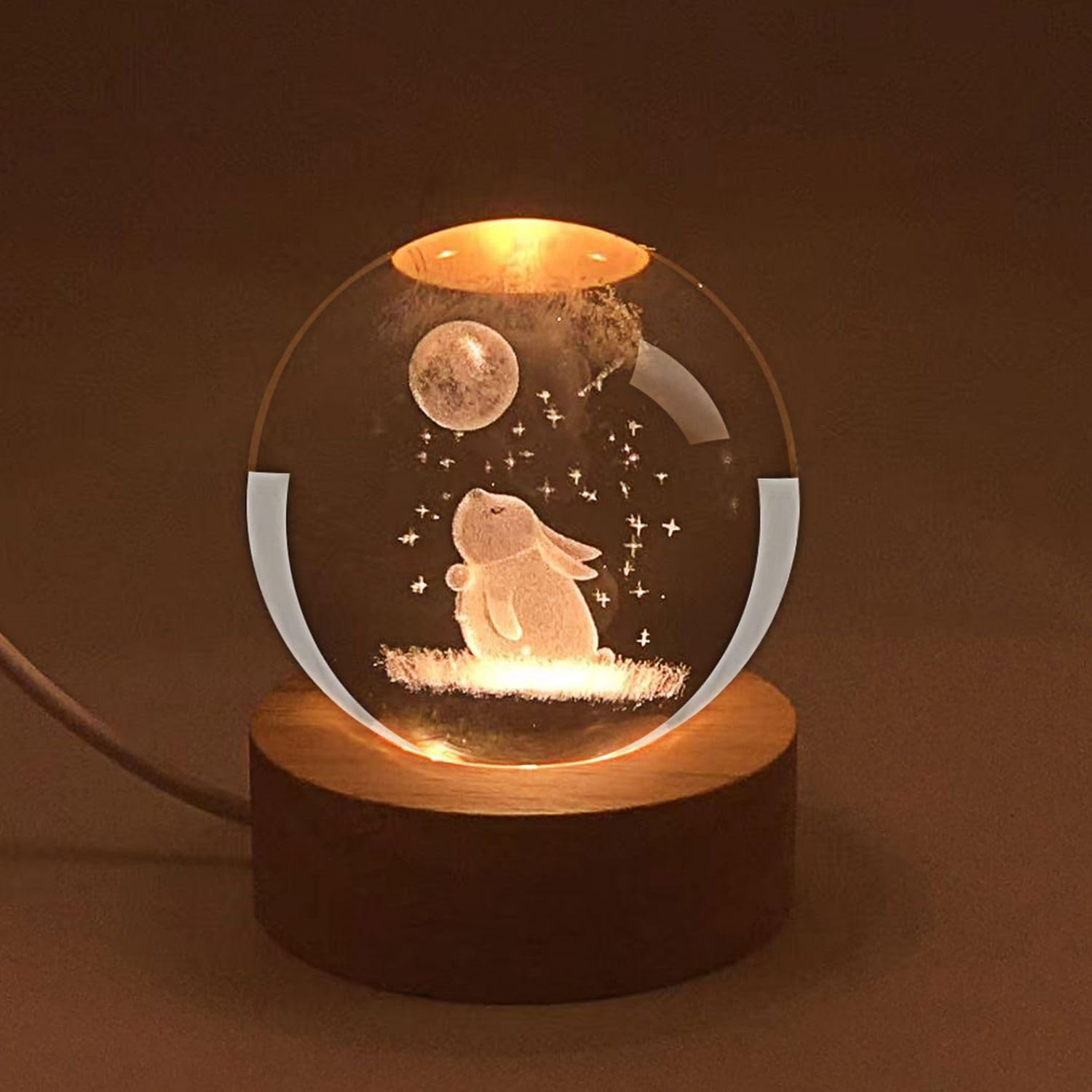 Crystal 3D Sculpted Rabbit Decorative Crystal Ball Night Light, 6cm Tri-color LED Glass Ball USB Night Light with Wooden Base