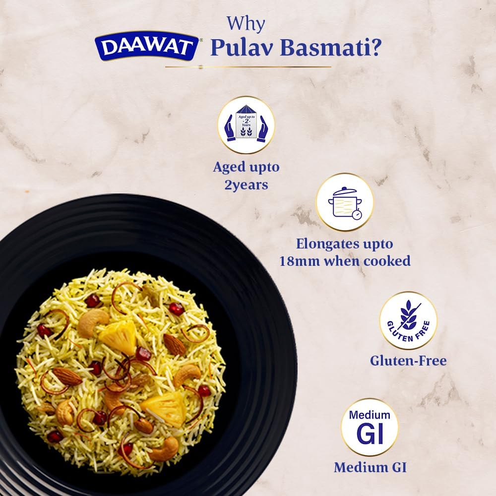 Daawat Pulav Basmati Rice | Naturally Aged Long & Slender Grains | Fluffy Non-Sticky Texture | Perfect for Pulav & Everyday Meals, 5 kg (11 lb)