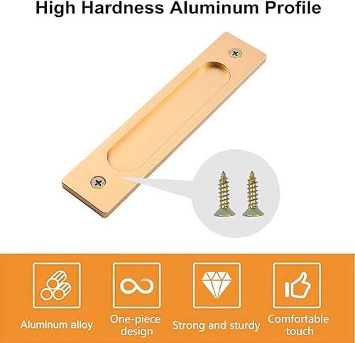 Miniatura 3 de Tiradores de puerta corredera empotrados rectangulares, 4 tiradores de puerta corrediza de granero de aleación de aluminio dorado mate con tornillos