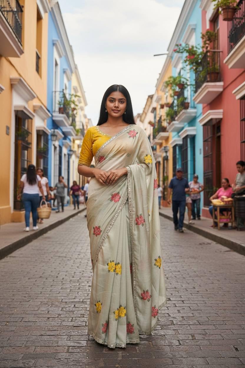 Women,s Floral Embroidered Saree, Beige, Mirror Border, Silk, Festive Ethnic Wear with Blouse