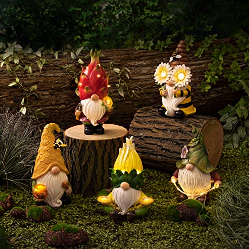 La Jolie Muse Garden Gnome Statue - 11.7'' Resin Bee Gnome Figurine Holding Sun Flowers With Solar Led Lights For Outdoor Indoor Decoration For Patio Yard Lawn Porch, Ornament #TOP5