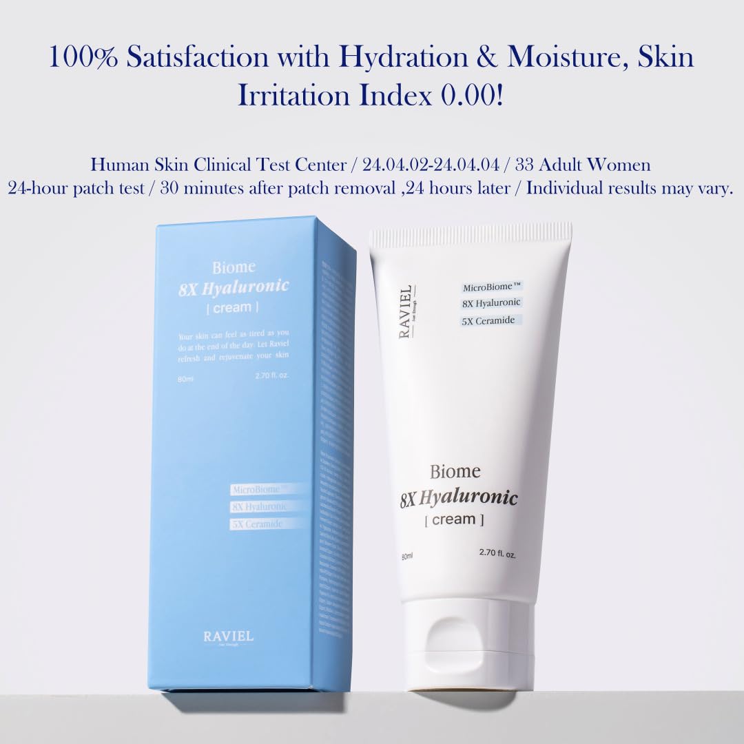 RAVIEL Crema de ácido hialurónico Biome 8X, hidratación duradera y 5 x ceramida barrera hidratante para pieles sensibles, cuidado diario de la piel coreana (80 ml)