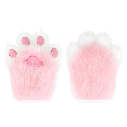 hbbhml Faux Fur Plush Furry Cat Claw Gloves Fursuit Animal Fox Paws Mittens Halloween Cosplay Costume Accessories for Adult - Pink