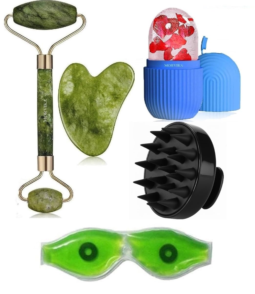 4 in 1 Face Care Combo Set, Jade Roller, Gua Sha, Ice Roller, Scalp Massager and Cooling Eye Gel Mask, for Glowing Skin, Dark Circles and Puffiness, for Men and Women