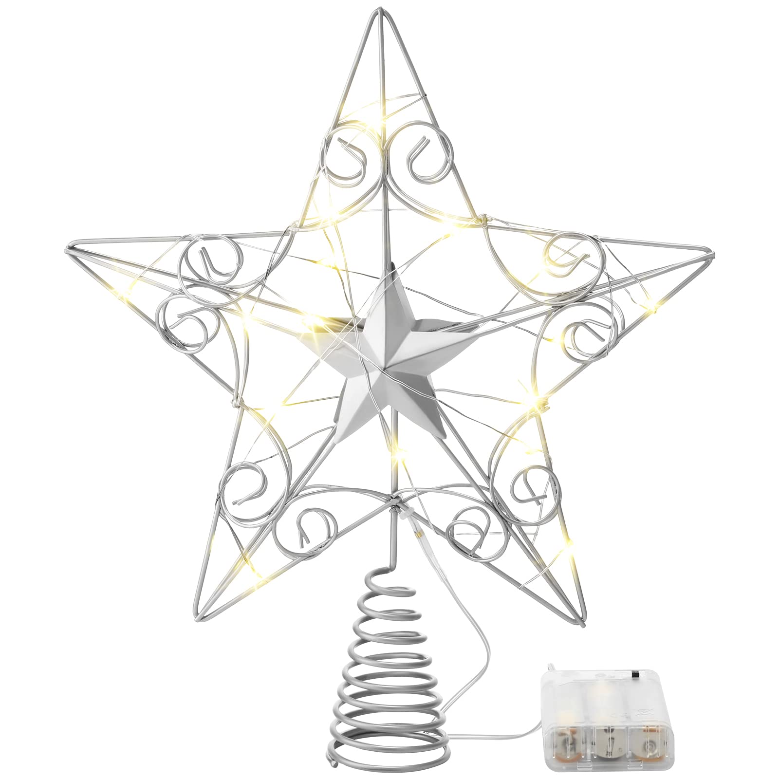 Christmas Star Tree Topper Ornament Glitter Tree Topper with 20 LED Lights Xmas Tree Topper Reflector Star Treetop Lighted Treetop Christmas Tree Decoration (Silver)