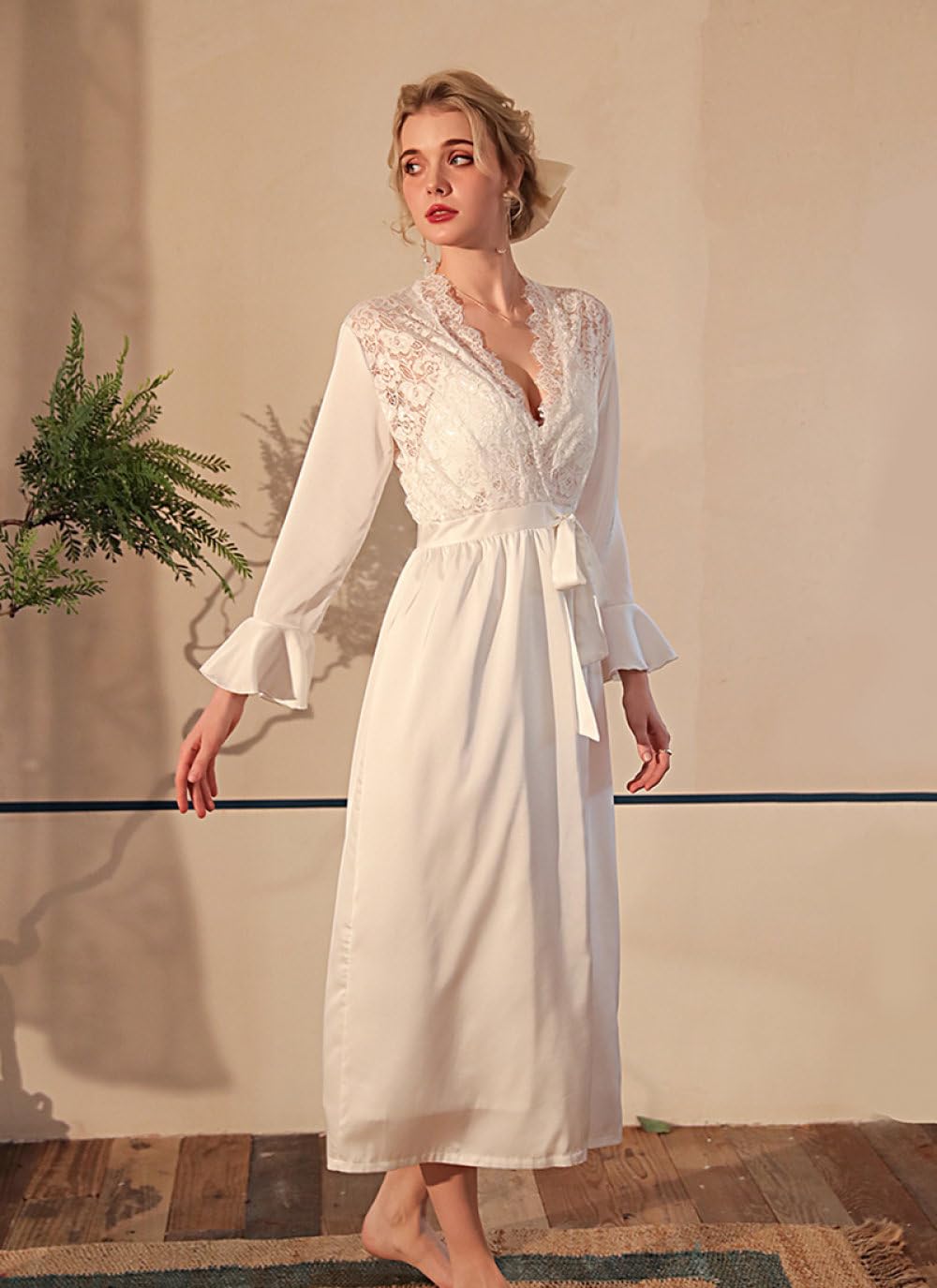 Blumenspitzen Kimono für Damen,Seidiger Satin Bademantel aus Netzstoff Morgenmantel mit Romantischem Französischen Rüschen Nachthemd Leichter Sommerbademantel für Hochzeitsfeiern Weiß,L