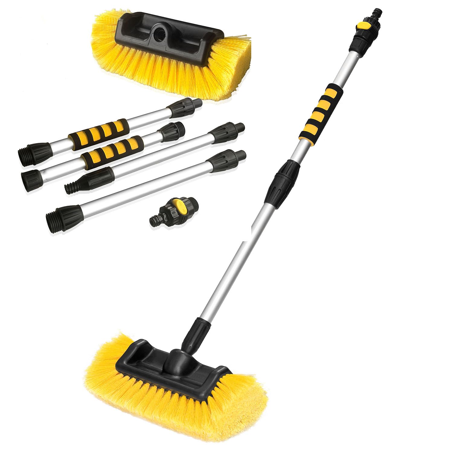  - Telescopic 5Ft Water Fed Car Wash Brush 11 Inch Soft Bristle Head With Hose Connector & On/off Valve Long Handle Cleaner