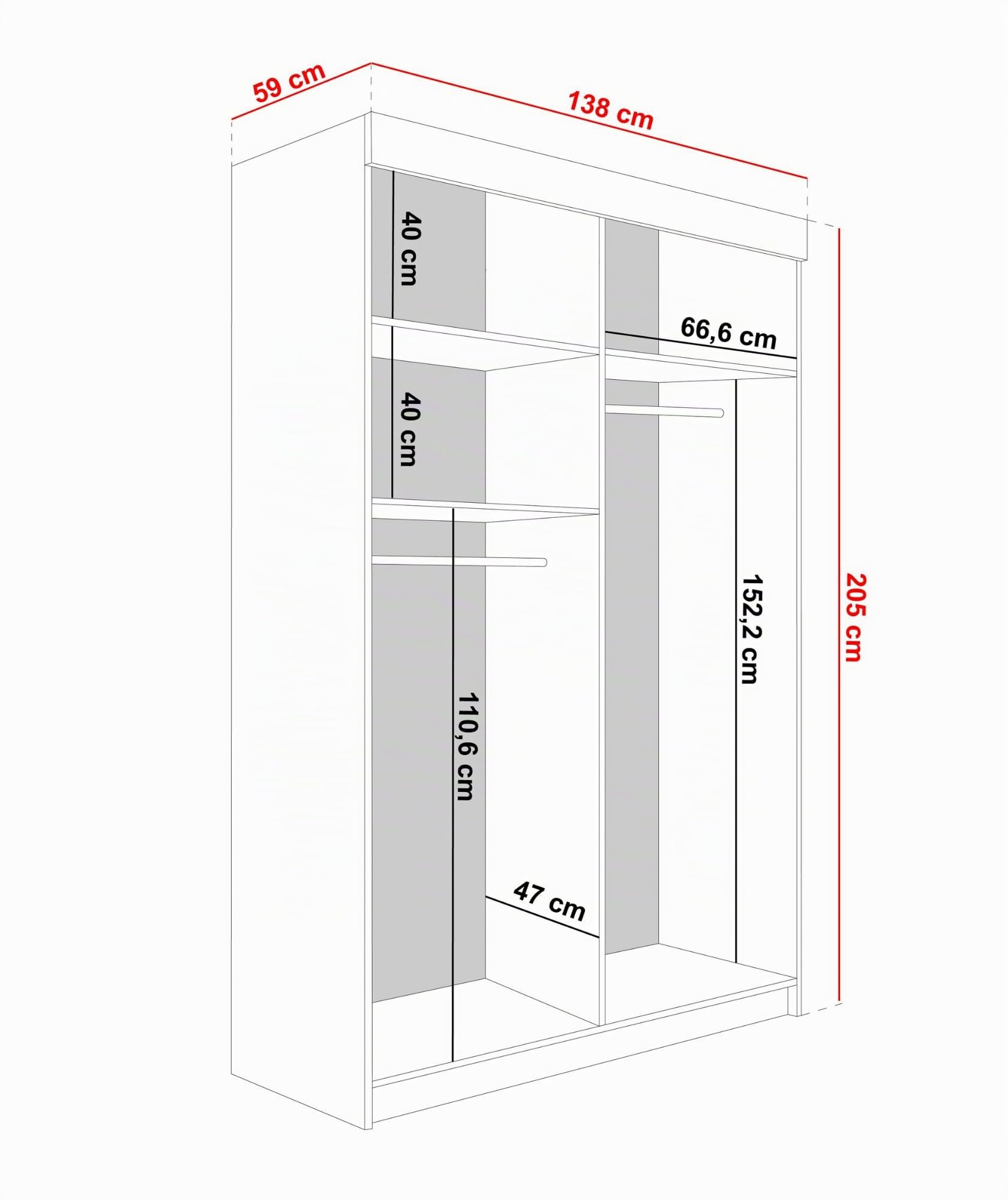 KIER FURNITURE Schiebegarderobe LAMARO mit Spiegel - Schrank Schlafzimmer - Schlafzimmerschrank - Wardrobe Bedroom - Kleiderschränke - Kleiderschrank Eiche Craft Gold - 138x205x59
