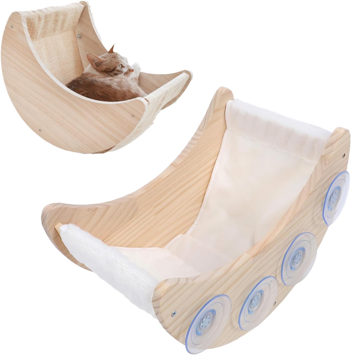 Cat Window Perch, Pine Wood Cute Comfortable Cat Window Bed with Strong Suction Cup, Hanging Cat Bed | Pet Hammock | Cat Lounger | Cat Wall Shelves | Cat Wall Furniture